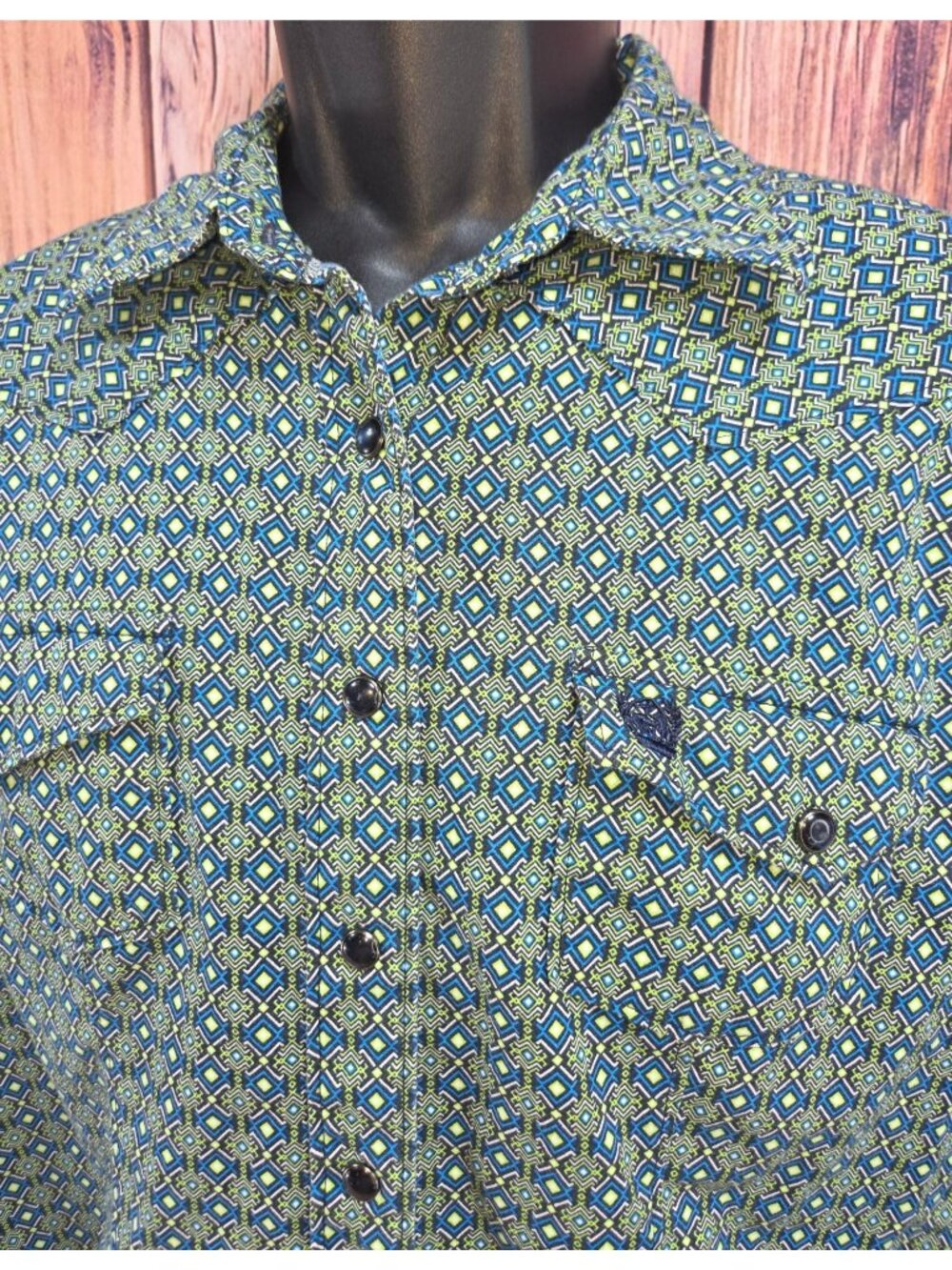 Cinch Womens Long Sleeve Diamond Print Western Shirt Medium Blue/Green - Picture 3 of 7